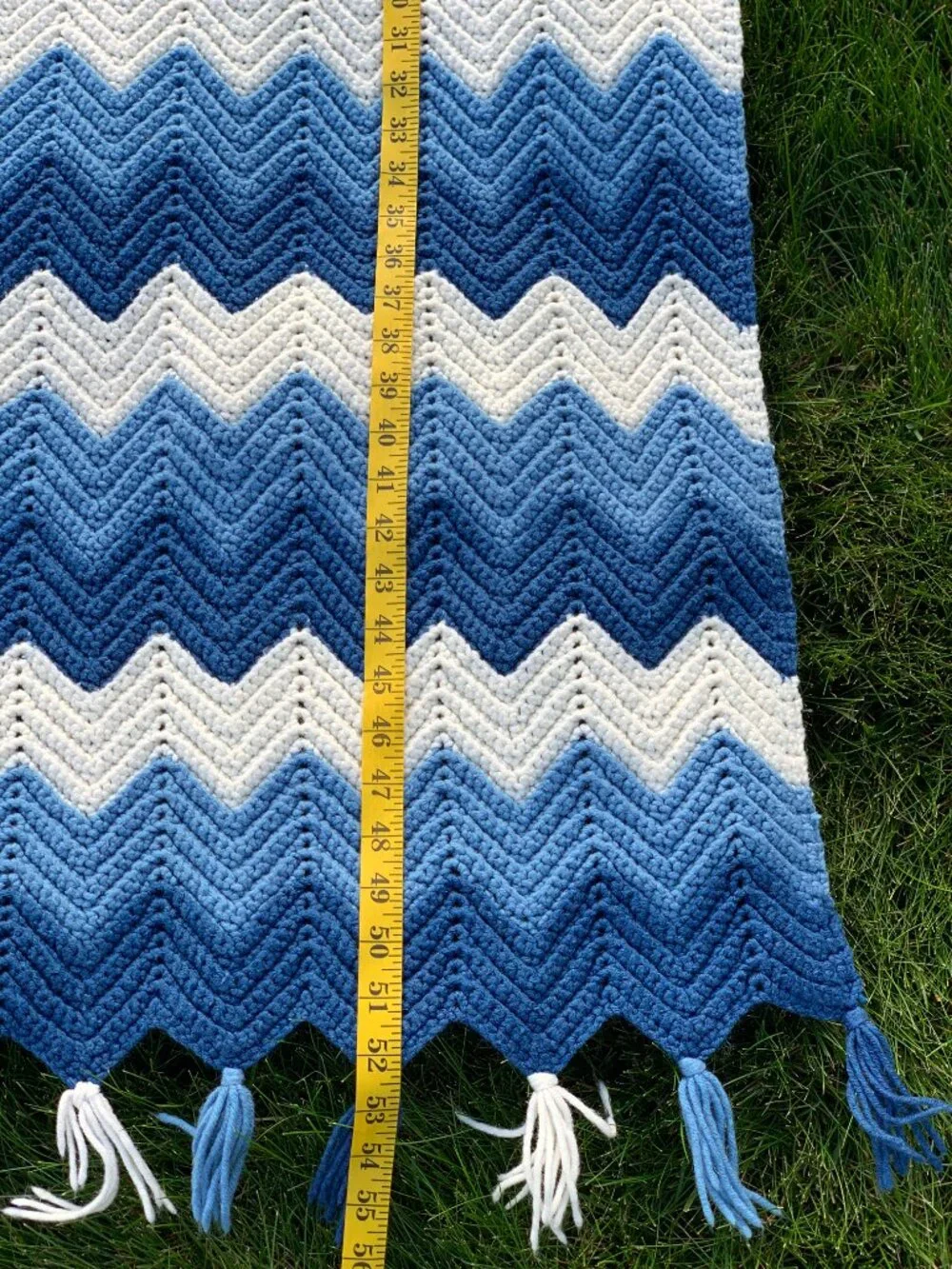 Vintage 80s Crochet Afghan Blue Chevron Hand Knit Wool Throw Boho Retro Blanket
